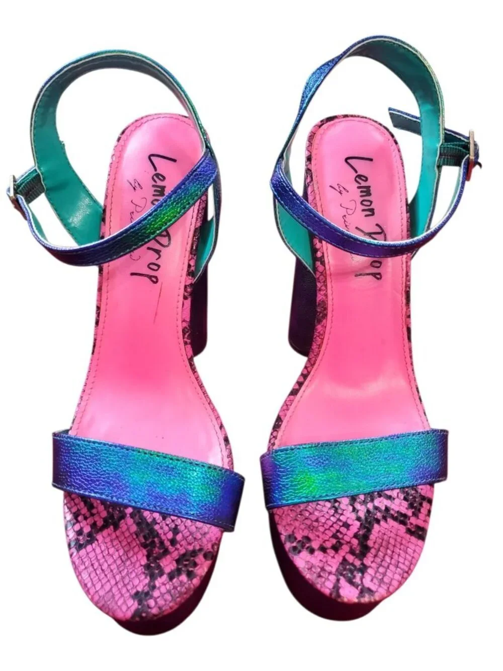Lemon drop Holographic Platform Heels W/Snake Print Tim Multicolor Size 10